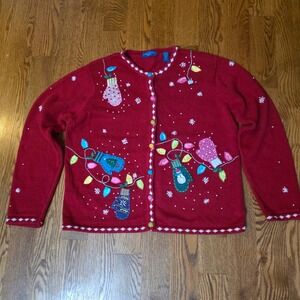 Karen Scott Sport Red Ugly Christmas Sweater Mittens And Lights Design Women's L